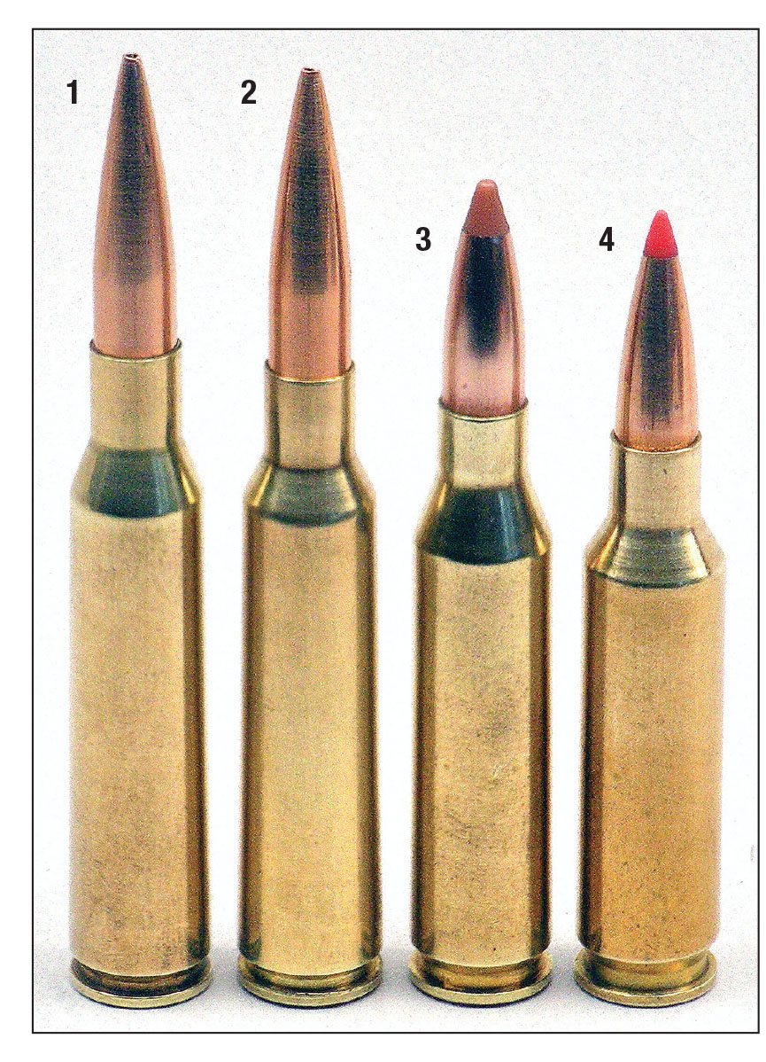 The (1) 6.5x57 and (2) 6.5x55 are shown with Berger 140-grain VLD/Hunting bullets loaded to 3.2 and 3.15 inches overall cartridge length, respectively. The (3) .260 Remington and (4) 6.5 Creedmoor are Federal and Hornady factory loads, respectively.